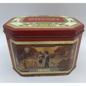 Nestle Bristolware Tin Vintage 1994 Les Lauriers Woman and Children Red Gold‎